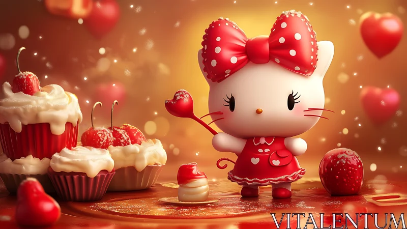 Stylized 3D Character with Polka-Dot Bow Surrounded by Confectionery Elements