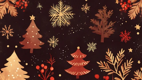 Christmas trees and snowflakes arranged on dark background