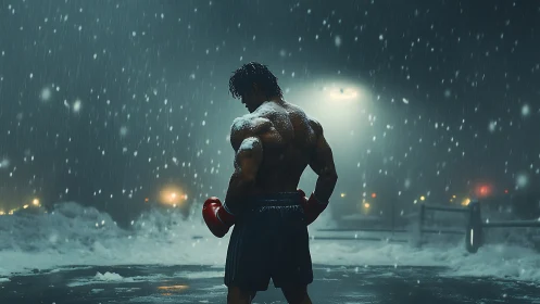 Solitary Boxer in Heavy Precipitation During Urban Snowstorm.