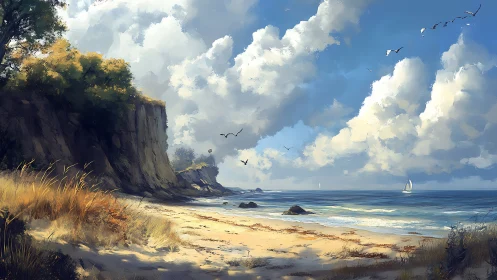 Coastal cliff landscape with beach and sailboat under cumulus sky.