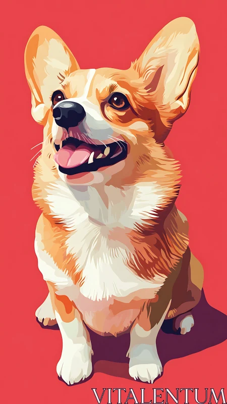Vector portrait captures a sitting corgi in flat tonal planes