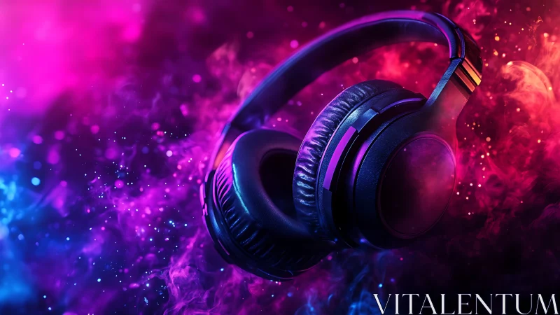 Closed-back headphones in neon magenta and cyan vapor ambiance