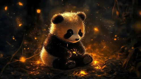 Bioluminescent fireflies illuminating fluffy baby panda at night