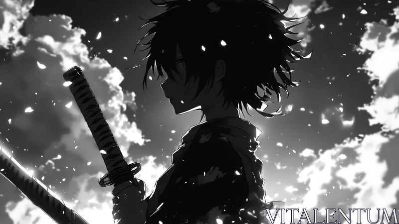 Silhouetted swordsman stands against backlit clouded sky