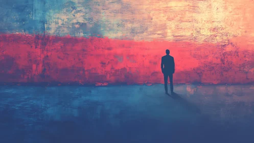 Solitary dreamer standing before a glowing abstract horizon.