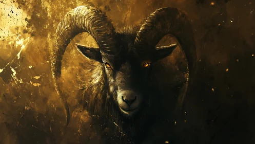 Luminous horned goat emerging from turbulent ochre nebula.