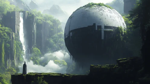 Mysterious forest sphere watched from a quiet cliffside.