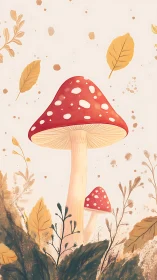 Whimsical red toadstools glowing softly in autumn hush.