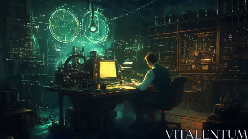 Engineer works in steampunk lab with glowing console display.