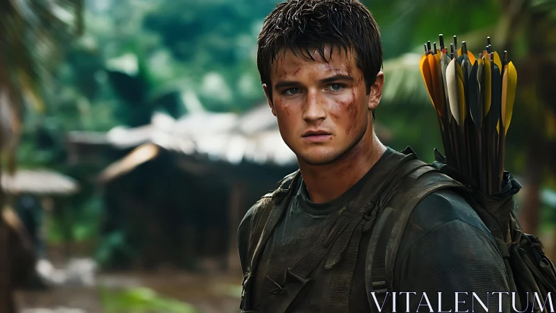 Young jungle archer stands battle-worn with full quiver.