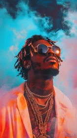 Vibrant street portrait under neon smoke sky glow.