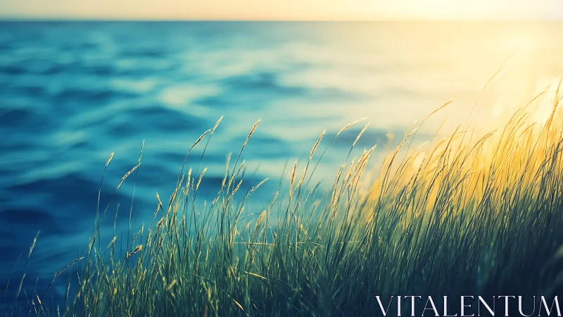 Backlit coastal grasses with shallow-depth ocean bokeh field.