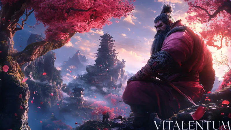 Crimson warrior broods beneath sakura over misty pagodas.