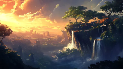 Stratified sunset waterfalls over elevated forest mesa system.