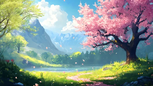 Blossoming cherry tree overlooks tranquil mountain lake scene.