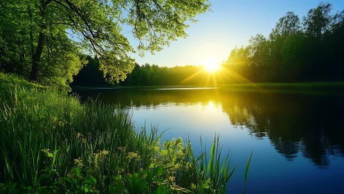Sunrise kisses a quiet forest lake with emerald reflections.