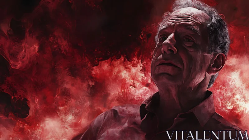 Older man rises from crimson smoke in a moody portrait