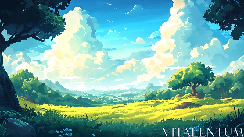 Sunlit grassy valley extends beneath towering cloud formations