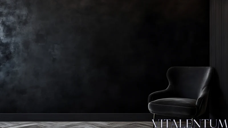 Monochrome lounge corner with matte black wall and velvet chair