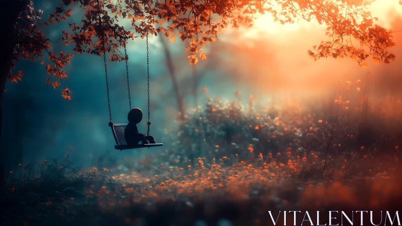 Silhouette child sits on tree swing in glowing forest clearing