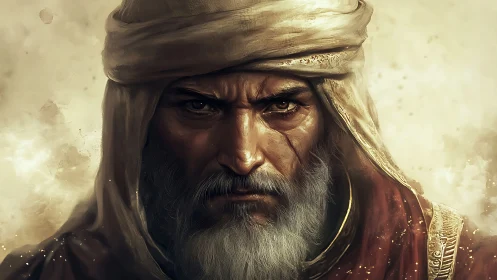 Older robed man in headscarf is rendered in frontal portrait