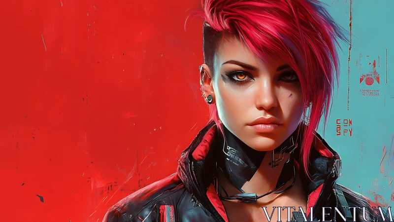 Striking cyberpunk heroine stands bold against vivid colors