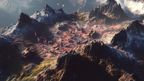 Orbital view of fortified alien valley with active lava fissures