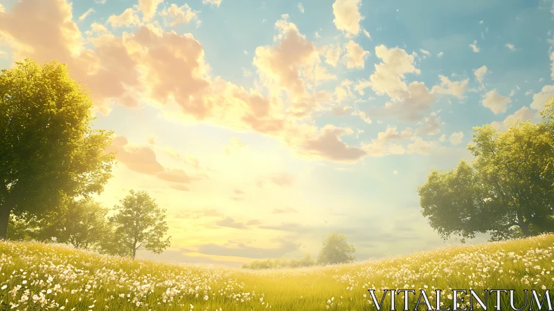 Soft morning light spills over a peaceful wildflower meadow