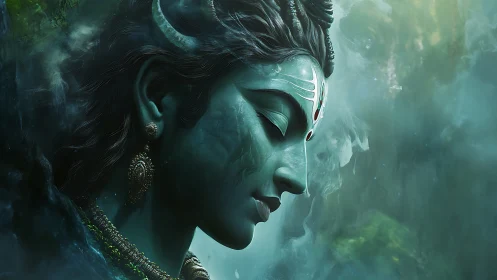 Serene teal deity in misty forest light, radiating quiet grace.