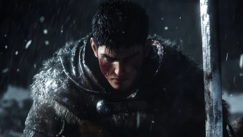 Armored warrior kneeling in snowfall with bloodstained face.