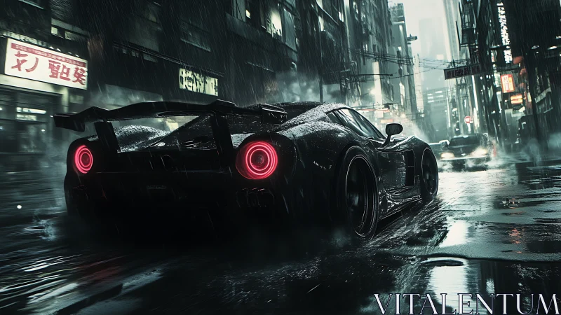 Midnight hypercar tears through neon soaked rainstorm streets.