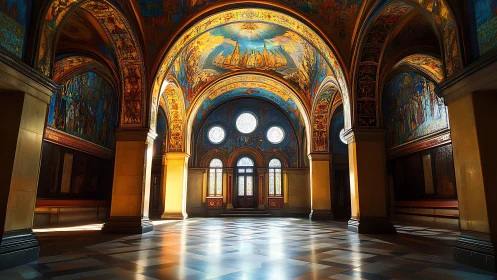 Sunlit mosaic hall where painted heavens crown the arches.