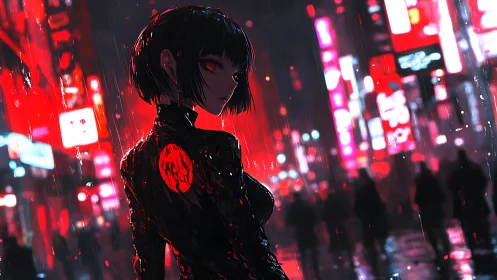 Female figure in neon city street under rainfall at night.