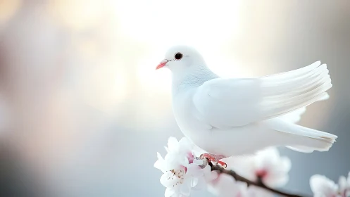 White Dove Perched on Cherry Blossom Branch
