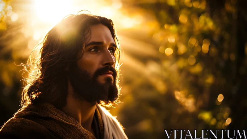 Portrait of bearded man in golden backlit forest glow.