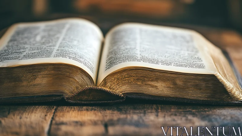Aged leather-bound book lies open, shallow DOF and warm light