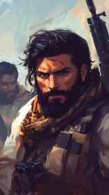 Bearded soldier in tactical gear with rifle in background.