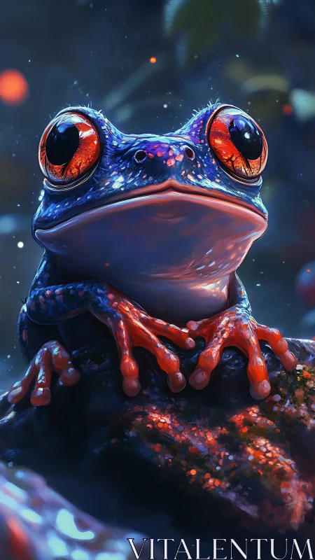 Stargazer frog glows in neon rainforest twilight dreamscape.