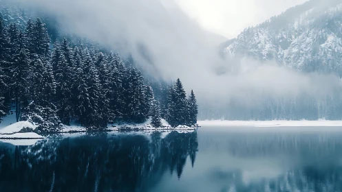 Snow-covered conifer forest by calm alpine lake in fog.