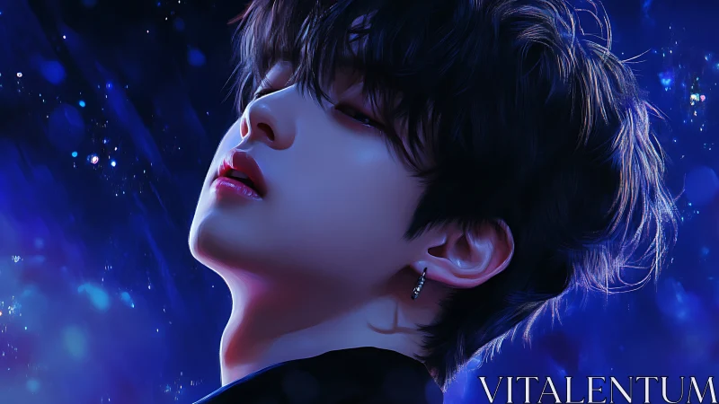 Luminous night portrait of youth in deep sapphire glow.