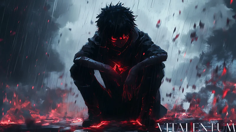 Dark figure harnesses red energy in storm soaked wasteland