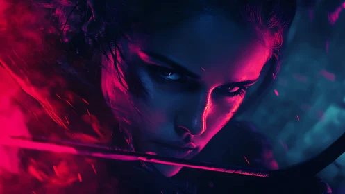 Neon-lit archer portrait with intense cinematic focus.