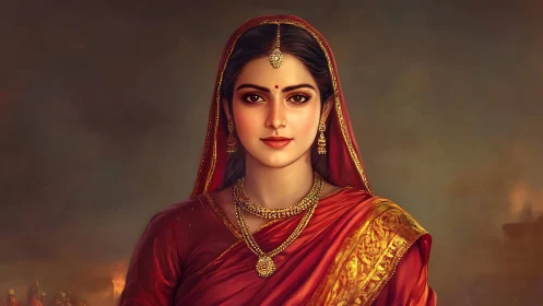 Regal Indian Woman in Traditional Saree, Digital Art Portrait.