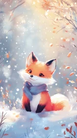 Cute orange fox in snowy forest with falling snowflakes.