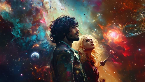 Two cosmic dreamers gaze into a swirling painted universe