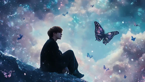 Dreamy night skyline with boy and glowing butterflies.