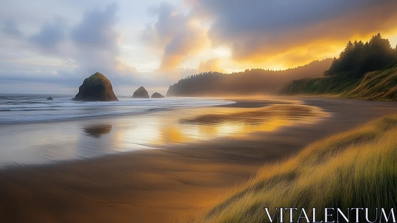Golden coastal sunset reflects across tranquil wet sand.