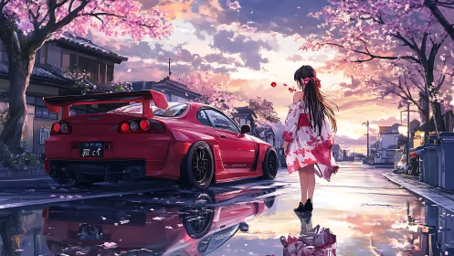 Girl in yukata beside tuned red car at cherry blossom street.
