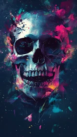 Human skull rendered with saturated neon paint splashes