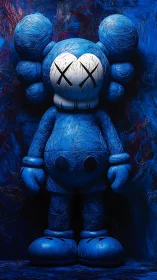 Blue vinyl figure stands in moody textured neon shadows.